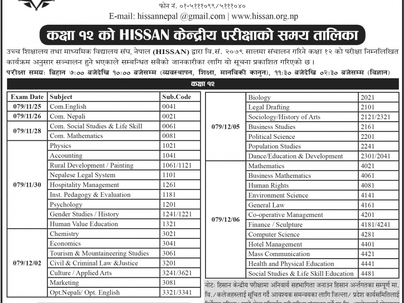 HISSAN Class 12 Exam Routine 2080